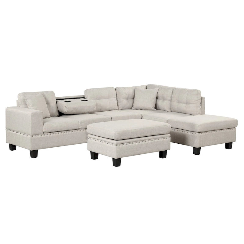 Divano componibile a L grigio chiaro/grigio con pouf contenitore e chaise longue reversibile, 2 posti