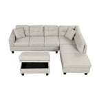 Divano componibile a L grigio chiaro/grigio con pouf contenitore e chaise longue reversibile, 2 posti