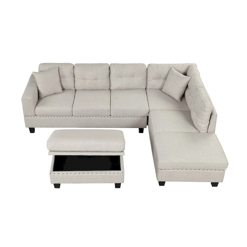 Divano componibile a L grigio chiaro/grigio con pouf contenitore e chaise longue reversibile, 2 posti