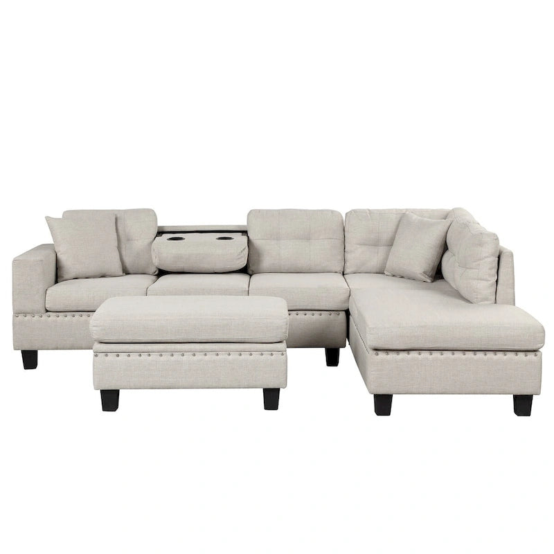 Divano componibile a L grigio chiaro/grigio con pouf contenitore e chaise longue reversibile, 2 posti