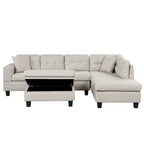 Divano componibile a L grigio chiaro/grigio con pouf contenitore e chaise longue reversibile, 2 posti