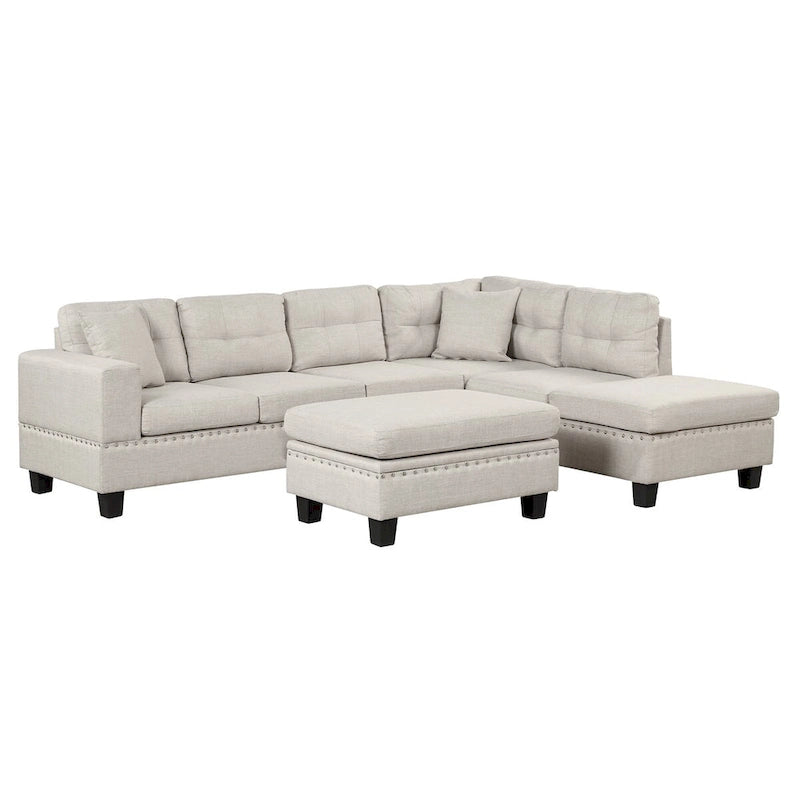 Divano componibile a L grigio chiaro/grigio con pouf contenitore e chaise longue reversibile, 2 posti