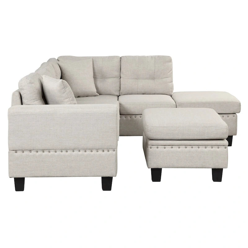Divano componibile a L grigio chiaro/grigio con pouf contenitore e chaise longue reversibile, 2 posti