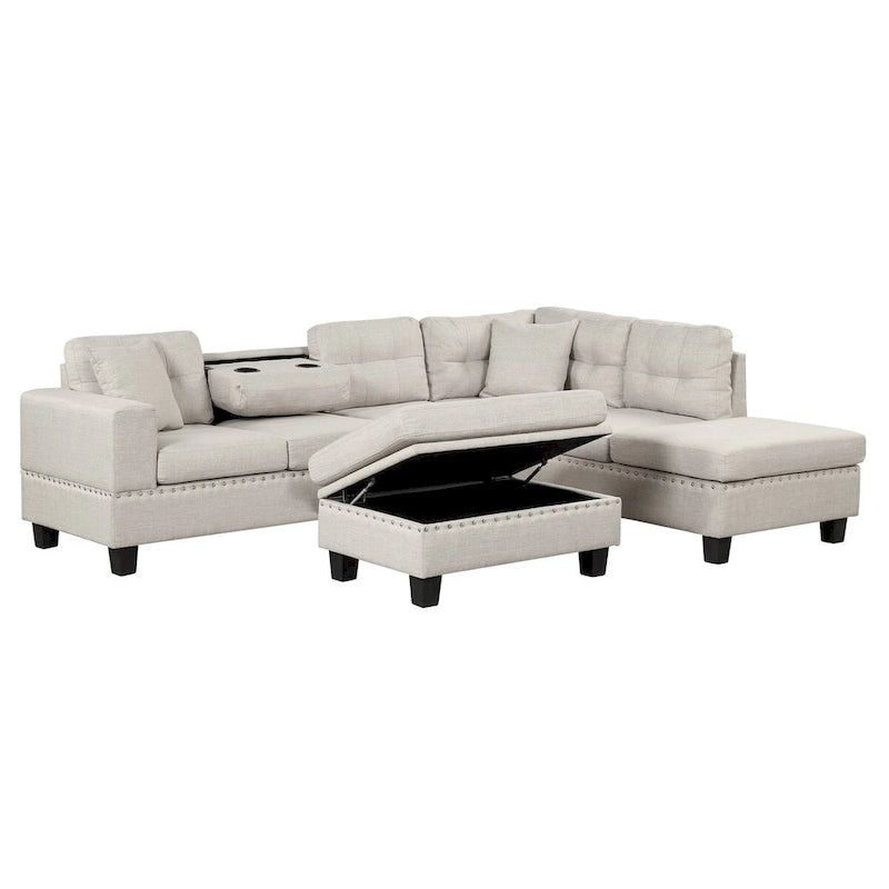 Divano componibile a L grigio chiaro/grigio con pouf contenitore e chaise longue reversibile, 2 posti