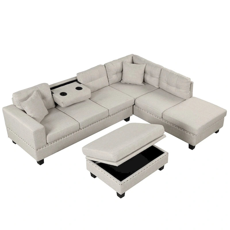 Divano componibile a L grigio chiaro/grigio con pouf contenitore e chaise longue reversibile, 2 posti