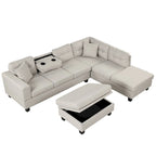 Divano componibile a L grigio chiaro/grigio con pouf contenitore e chaise longue reversibile, 2 posti