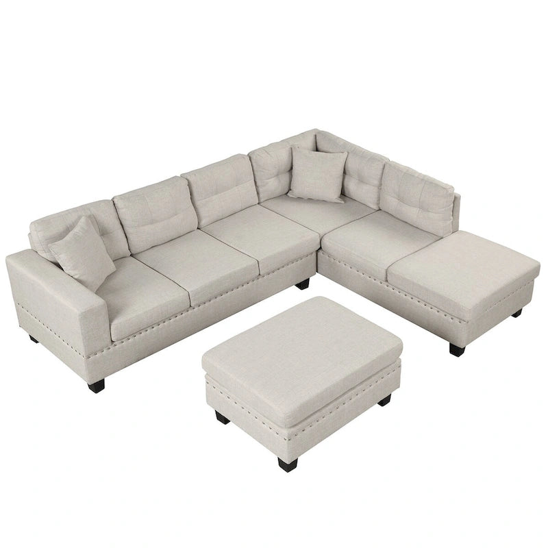 Divano componibile a L grigio chiaro/grigio con pouf contenitore e chaise longue reversibile, 2 posti