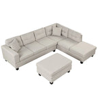 Divano componibile a L grigio chiaro/grigio con pouf contenitore e chaise longue reversibile, 2 posti