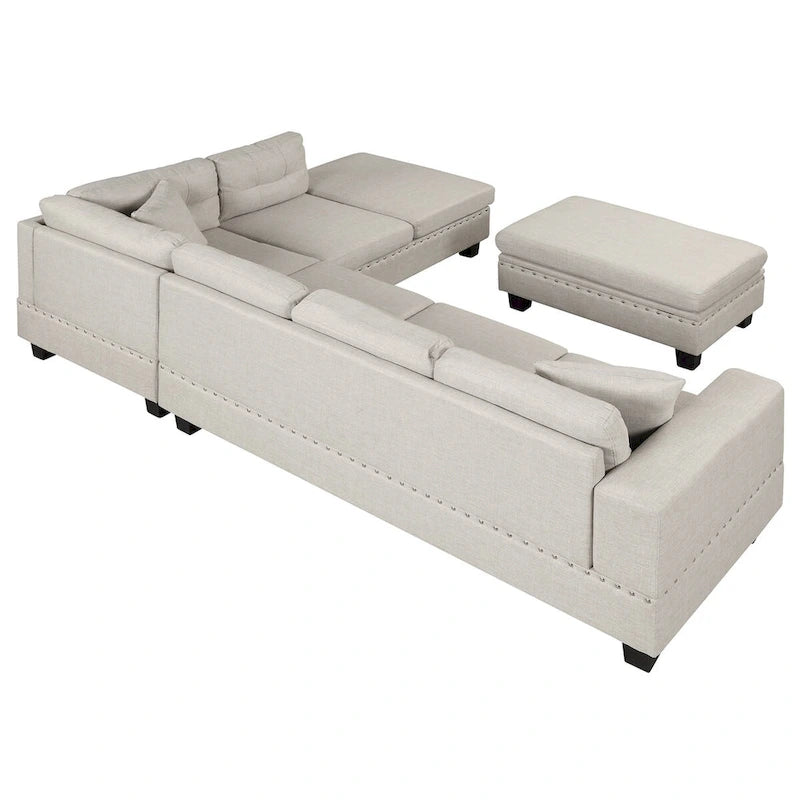 Divano componibile a L grigio chiaro/grigio con pouf contenitore e chaise longue reversibile, 2 posti