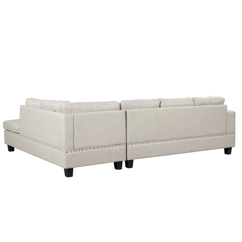 Divano componibile a L grigio chiaro/grigio con pouf contenitore e chaise longue reversibile, 2 posti