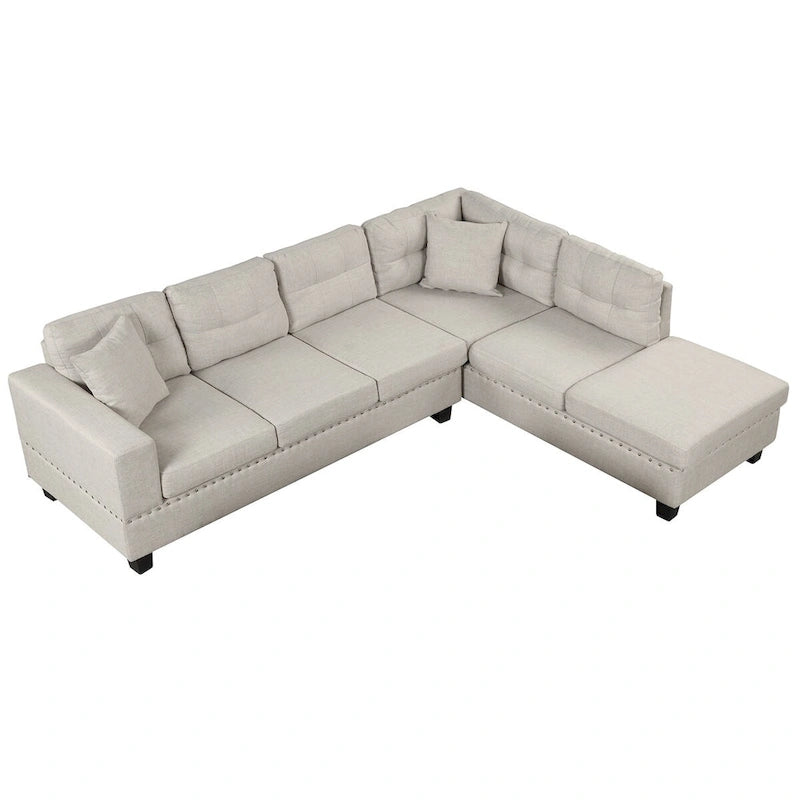 Divano componibile a L grigio chiaro/grigio con pouf contenitore e chaise longue reversibile, 2 posti