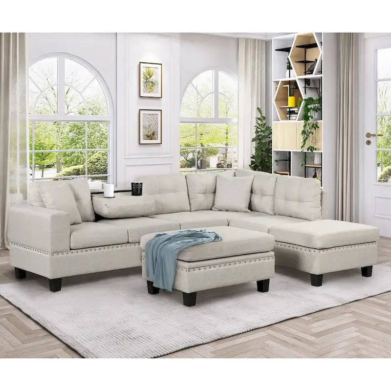 Divano componibile a L grigio chiaro/grigio con pouf contenitore e chaise longue reversibile, 2 posti