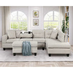 Divano componibile a L grigio chiaro/grigio con pouf contenitore e chaise longue reversibile, 2 posti