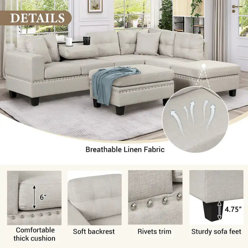 Divano componibile a L grigio chiaro/grigio con pouf contenitore e chaise longue reversibile, 2 posti