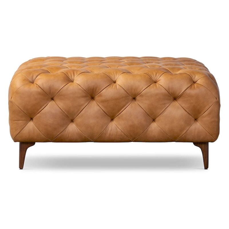 Poggiapiedi singolo quadrato trapuntato color cuoio con gambe in legno di noce