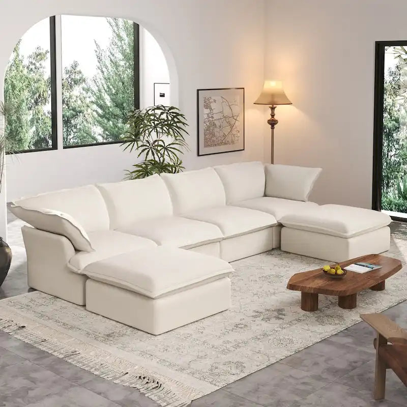 Divano Sezionale Modulare a U, in Lino, Colore Beige/Bianco/Nero, Posti 6-7