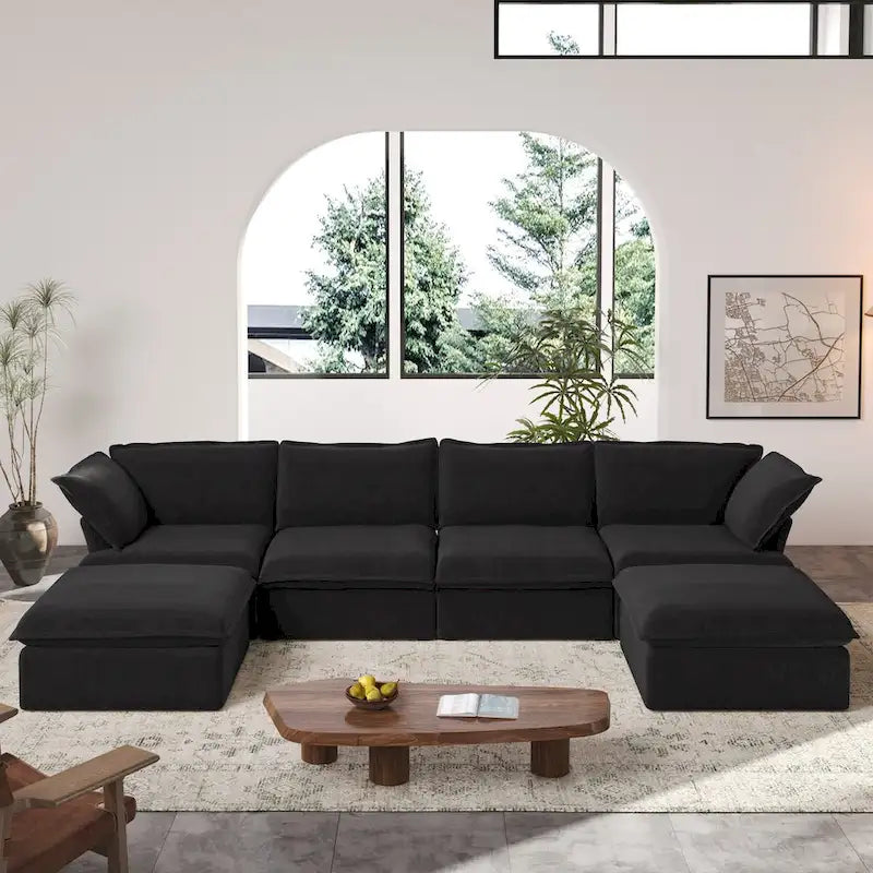Divano Sezionale Modulare a U, in Lino, Colore Beige/Bianco/Nero, Posti 6-7