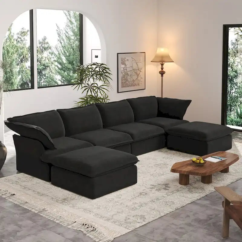 Divano Sezionale Modulare a U, in Lino, Colore Beige/Bianco/Nero, Posti 6-7