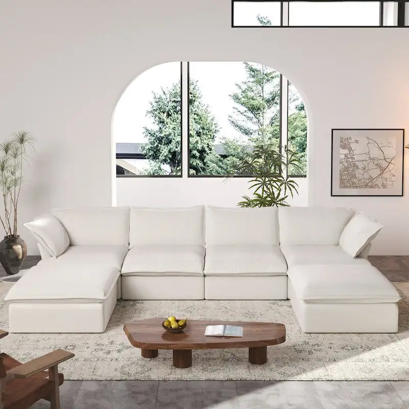 Divano Sezionale Modulare a U, in Lino, Colore Beige/Bianco/Nero, Posti 6-7