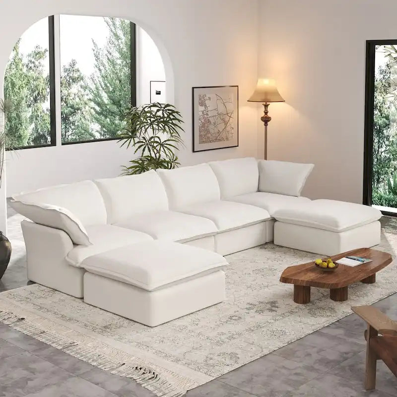 Divano Sezionale Modulare a U, in Lino, Colore Beige/Bianco/Nero, Posti 6-7