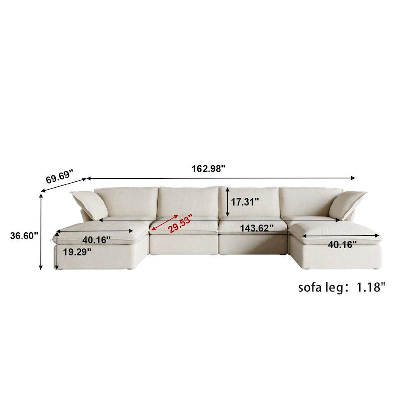 Divano Sezionale Modulare a U, in Lino, Colore Beige/Bianco/Nero, Posti 6-7