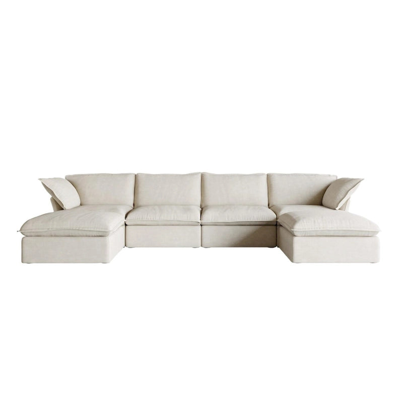 Divano Sezionale Modulare a U, in Lino, Colore Beige/Bianco/Nero, Posti 6-7