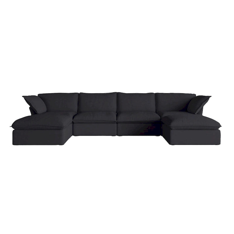 Divano Sezionale Modulare a U, in Lino, Colore Beige/Bianco/Nero, Posti 6-7