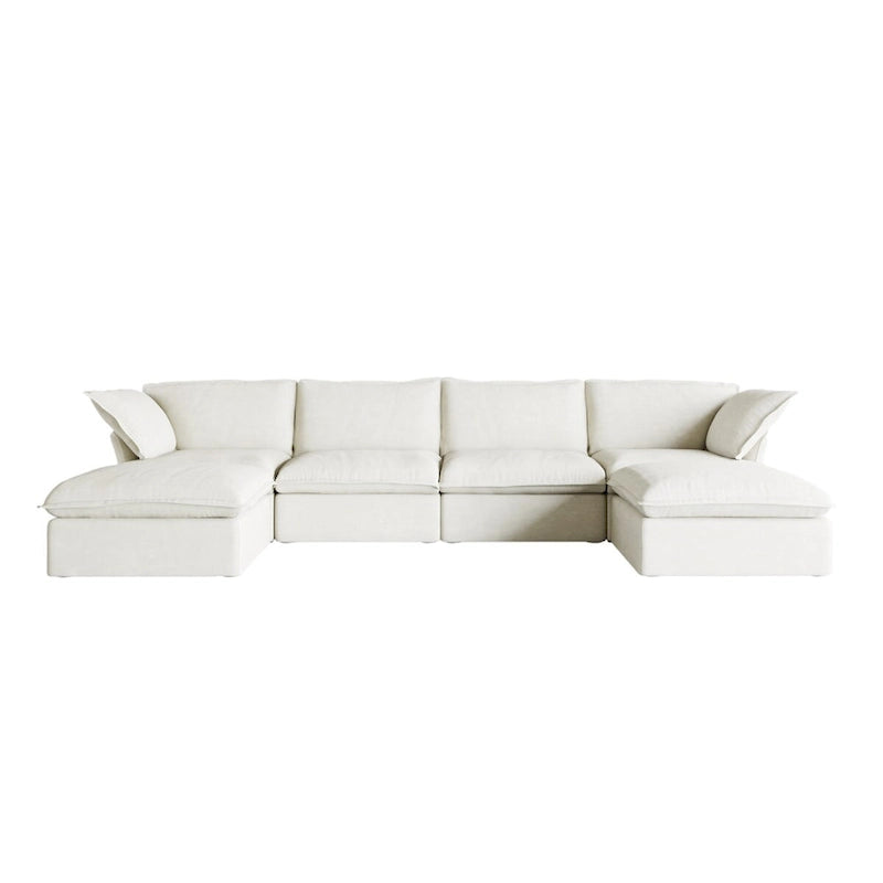 Divano Sezionale Modulare a U, in Lino, Colore Beige/Bianco/Nero, Posti 6-7