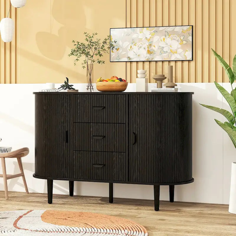 Mobiletto d'accento con ante a serrandina e 3 cassetti, colore naturale/nero – Assemblaggio per 1 persona