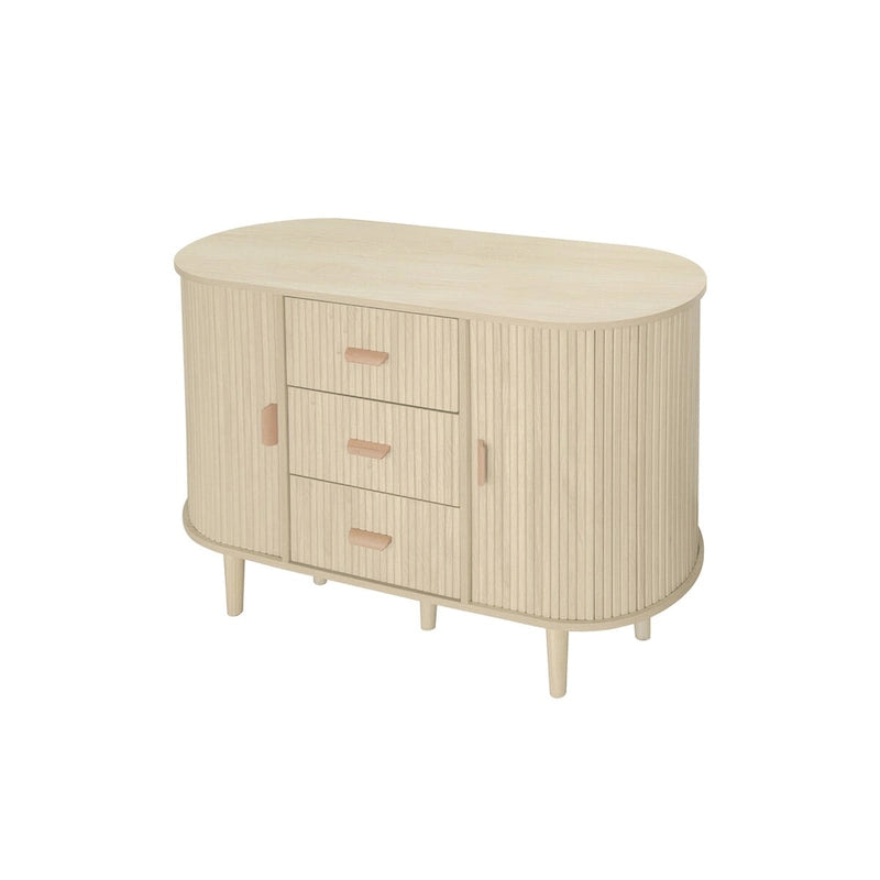 Mobiletto d'accento con ante a serrandina e 3 cassetti, colore naturale/nero – Assemblaggio per 1 persona