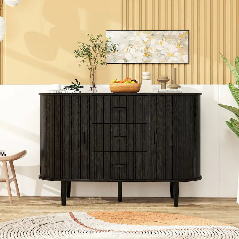 Mobiletto d'accento con ante a serrandina e 3 cassetti, colore naturale/nero – Assemblaggio per 1 persona