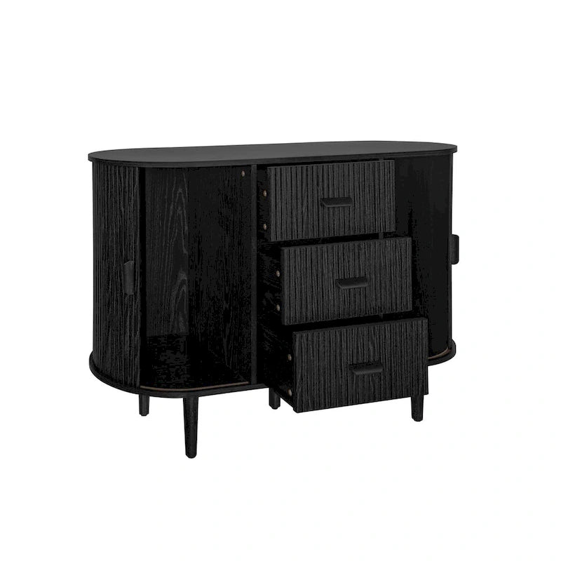Mobiletto d'accento con ante a serrandina e 3 cassetti, colore naturale/nero – Assemblaggio per 1 persona