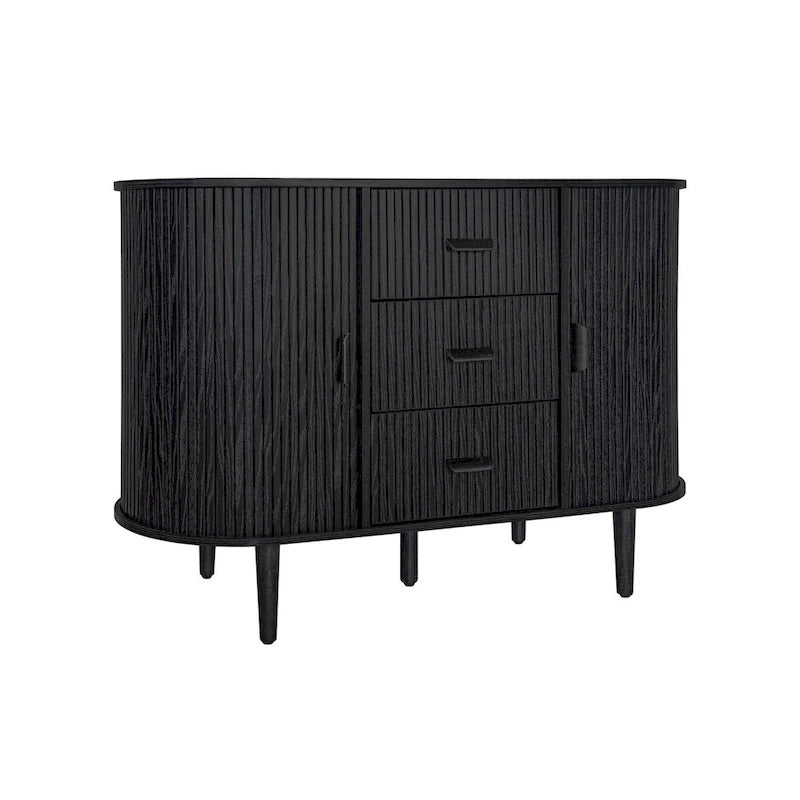 Mobiletto d'accento con ante a serrandina e 3 cassetti, colore naturale/nero – Assemblaggio per 1 persona