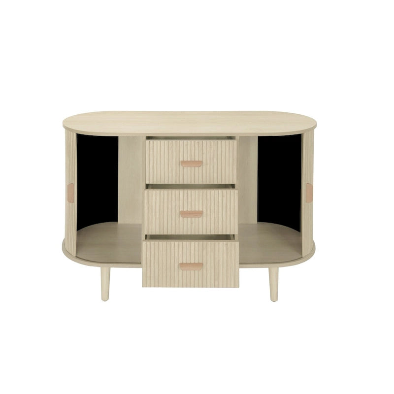 Mobiletto d'accento con ante a serrandina e 3 cassetti, colore naturale/nero – Assemblaggio per 1 persona