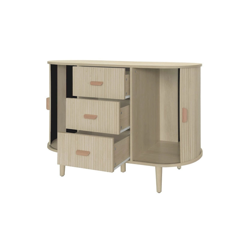 Mobiletto d'accento con ante a serrandina e 3 cassetti, colore naturale/nero – Assemblaggio per 1 persona