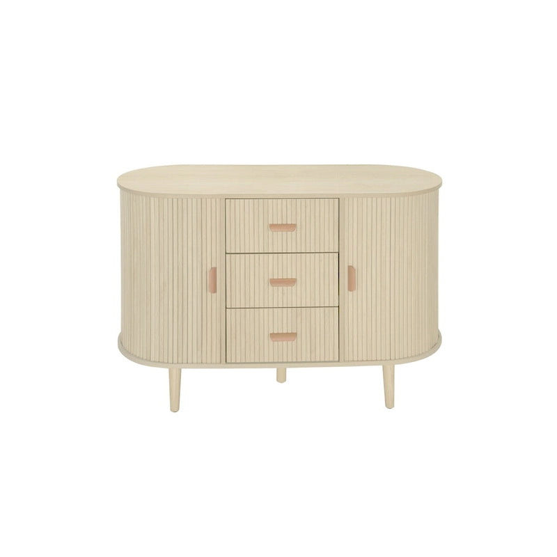 Mobiletto d'accento con ante a serrandina e 3 cassetti, colore naturale/nero – Assemblaggio per 1 persona