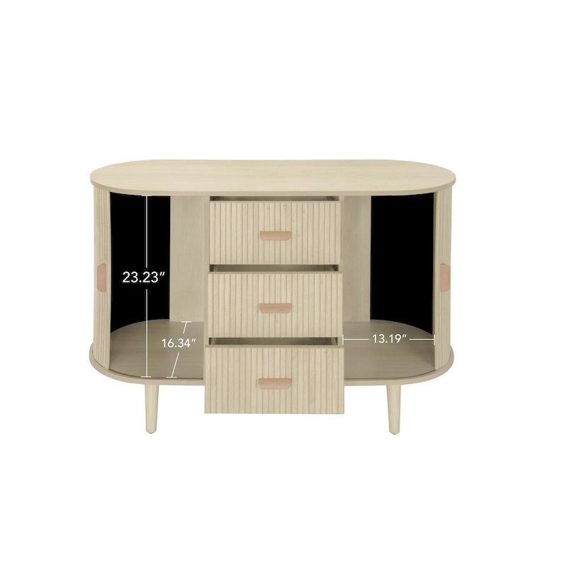 Mobiletto d'accento con ante a serrandina e 3 cassetti, colore naturale/nero – Assemblaggio per 1 persona