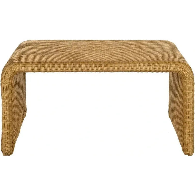 Tavolino da Caffè Rettangolare in Rattan Marrone, Top in Legno, Un Livello
