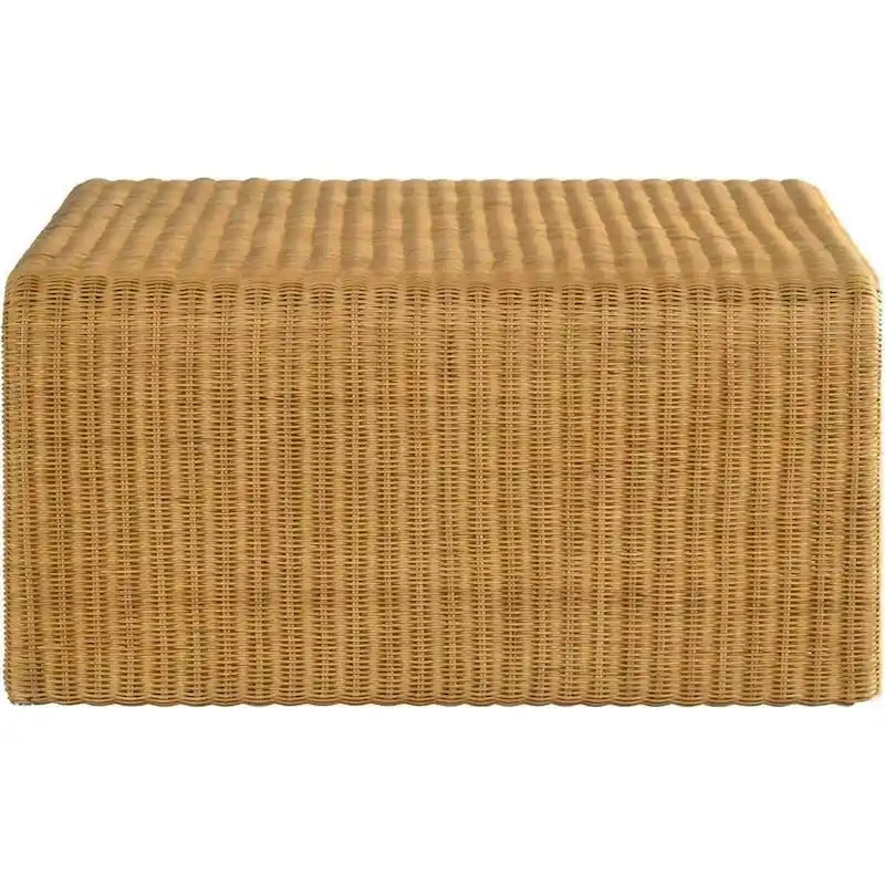 Tavolino da Caffè Rettangolare in Rattan Marrone, Top in Legno, Un Livello
