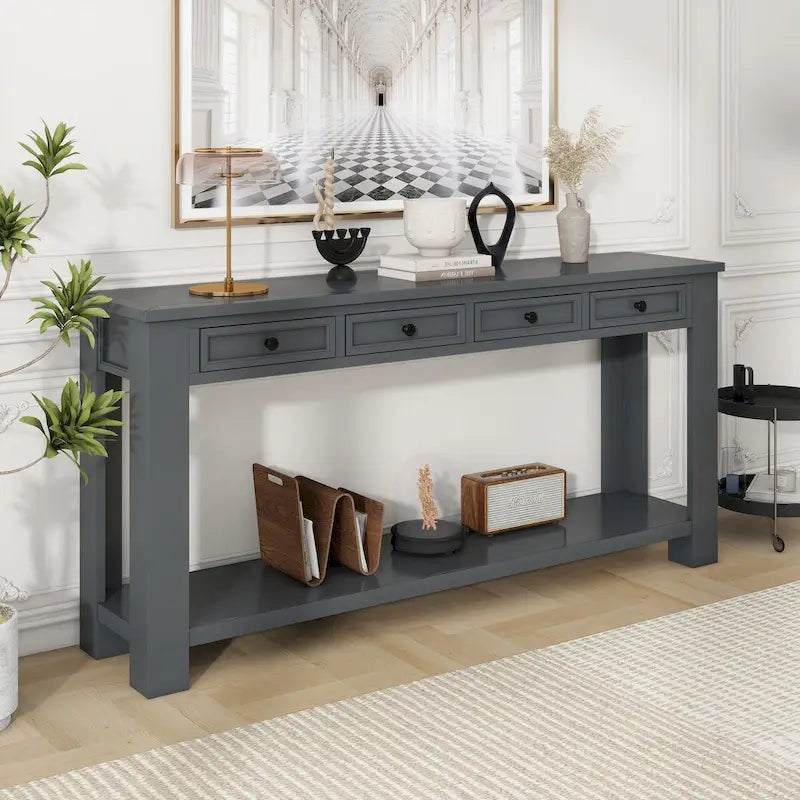 Tavolino consolle rustico blu scuro / marrone chiaro / bianco antico con 4 cassetti e ripiano inferiore, montaggio per 1 persona