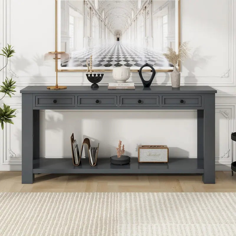 Tavolino consolle rustico blu scuro / marrone chiaro / bianco antico con 4 cassetti e ripiano inferiore, montaggio per 1 persona