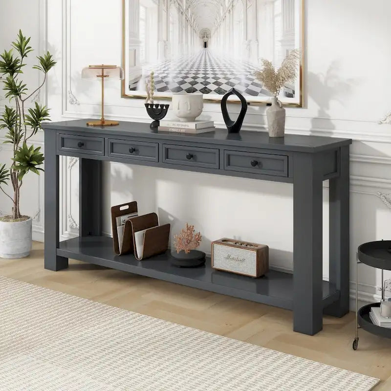 Tavolino consolle rustico blu scuro / marrone chiaro / bianco antico con 4 cassetti e ripiano inferiore, montaggio per 1 persona