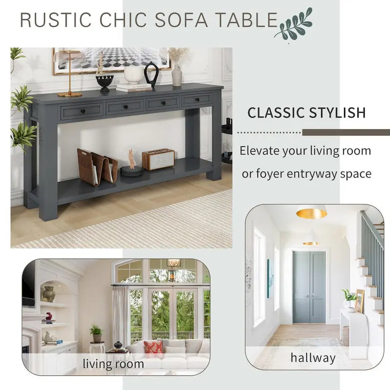 Tavolino consolle rustico blu scuro / marrone chiaro / bianco antico con 4 cassetti e ripiano inferiore, montaggio per 1 persona