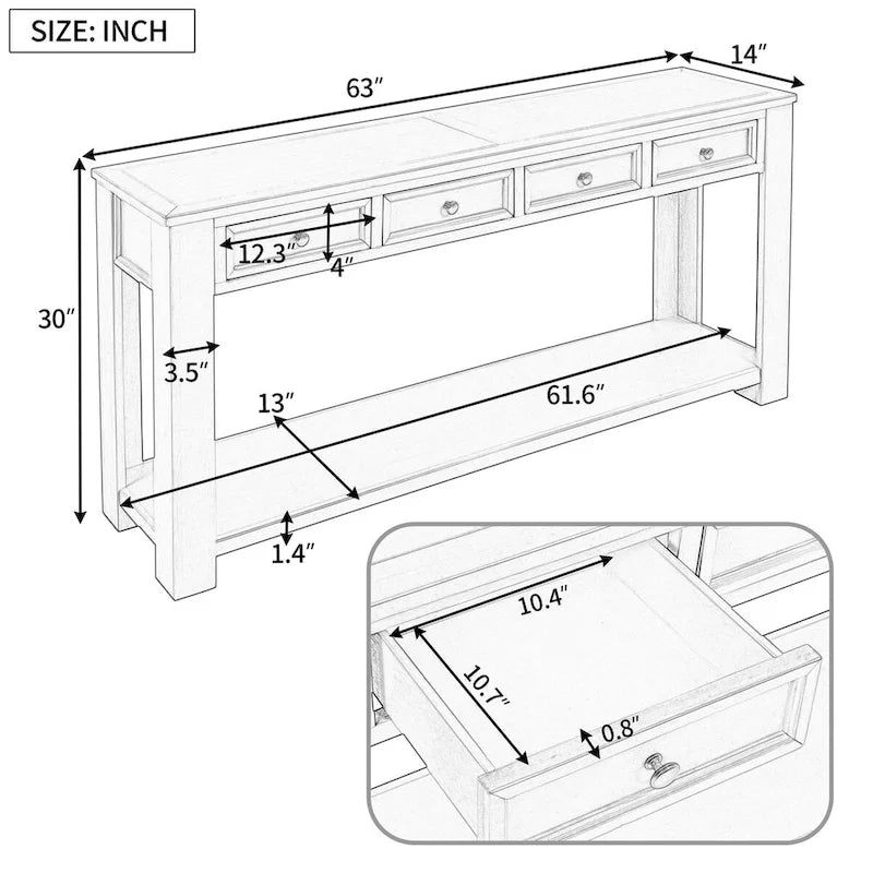 Tavolino consolle rustico blu scuro / marrone chiaro / bianco antico con 4 cassetti e ripiano inferiore, montaggio per 1 persona