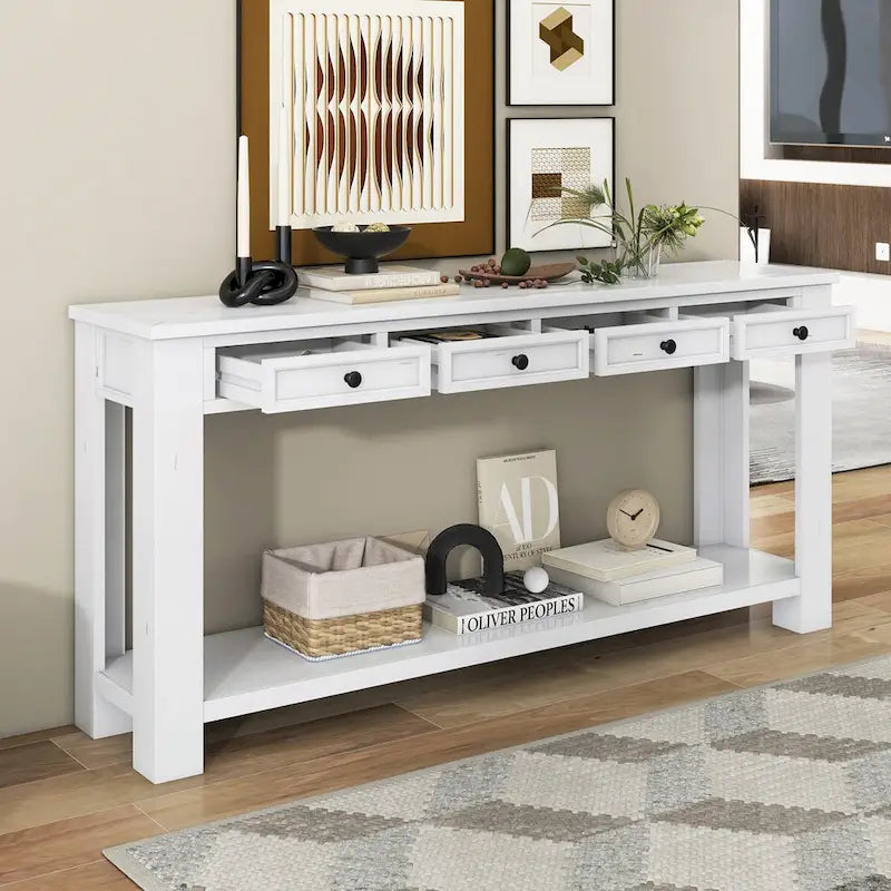 Tavolino consolle rustico blu scuro / marrone chiaro / bianco antico con 4 cassetti e ripiano inferiore, montaggio per 1 persona