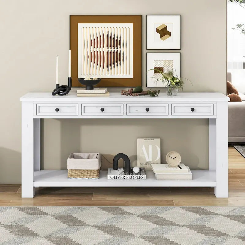 Tavolino consolle rustico blu scuro / marrone chiaro / bianco antico con 4 cassetti e ripiano inferiore, montaggio per 1 persona