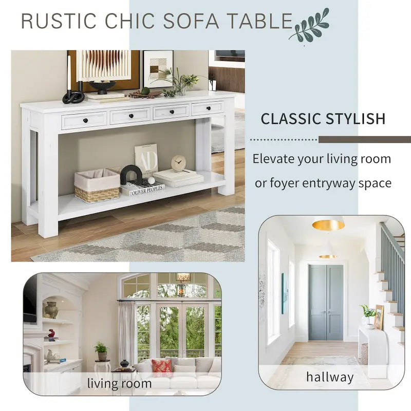 Tavolino consolle rustico blu scuro / marrone chiaro / bianco antico con 4 cassetti e ripiano inferiore, montaggio per 1 persona