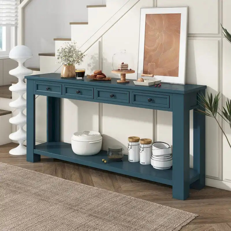 Tavolino consolle rustico blu scuro / marrone chiaro / bianco antico con 4 cassetti e ripiano inferiore, montaggio per 1 persona