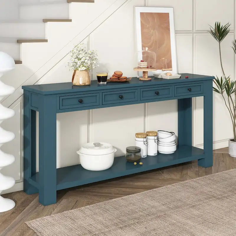 Tavolino consolle rustico blu scuro / marrone chiaro / bianco antico con 4 cassetti e ripiano inferiore, montaggio per 1 persona