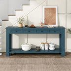 Tavolino consolle rustico blu scuro / marrone chiaro / bianco antico con 4 cassetti e ripiano inferiore, montaggio per 1 persona
